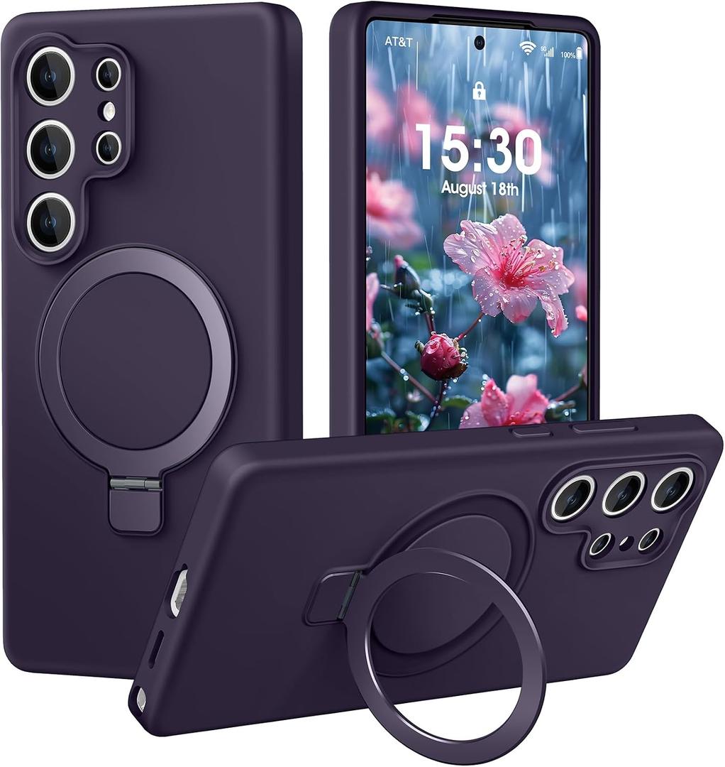 Liquid Silicone Case for Samsung Galaxy S25 Ultra with Magnetic Stand, Mil-Grade Drop Shockproof, Full Camera Protection Anti-Scratch Microfiber Lining Silicone Phone case, Purple