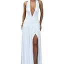 Ekaliy Women's Sexy Halter Deep V Neck Maxi Dress Sleeveless Backless High Slit Ruched Long Dress Summer Party Cocktail Dress (White)