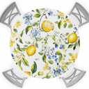 Summer Lemon Round Fitted Tablecloth Farm Fruit Blue Flower Green Leaf Botanical Elastic Table Cloth Waterproof Oil Proof Table Cover Fits 45"-54" Round Tables for Party Picnic Dinner Decor