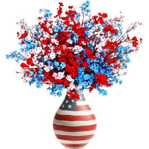 Yastouay 4th of July Artificial Flowers Decorations, 15 Pcs Red White and Blue Decorations, Fake Patriotic Babys Breath Flowers for Independence Day Decor Floral Arrangement