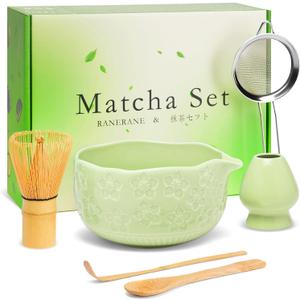 Matcha Whisk Set, Sakura Green Ceramic Matcha Set Includes Matcha Bowl, Matcha Whisk (Chasen) and Holder, Sifter, Bamboo Scoop & Spoon - 6 Pcs Matcha Kit for Matcha Lovers
