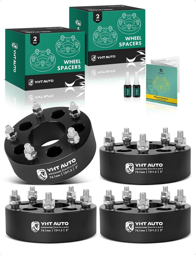 YHTAUTO 5x4.75 to 5x5.5 Wheel Adapters 2 Inch Compatible with Chevrolet, GMC, Cadillac, Pontiac, Tire Adapters w/ 12x1.5 & 12.9 Grade Studs, 74.1mm Center Bore 5 Lug 4PCS Black