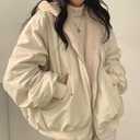 Sumleno Sherpa Jacket for Women Teen Girls Reversible Y2k Zip Up Hoodie Fleece Fur Grunge Winter Coat Cutecore Korean Clothes (Beige, L)