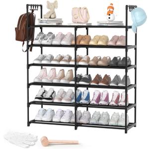 2-Row 6-Tier Stackable Shoe Rack, Black Metal Shoe Shelf with Multifunctional Hooks, Hold 24-30 Pairs, Space Saving Shoes Organizer for Closet,Show Rack
