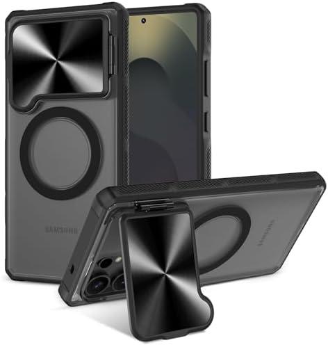 Caka for Samsung Galaxy S25 Ultra Case [Magnetic Charging] [Hidden Camera Stand] [Full Lens Cover] [Heavy Duty Protection] Translucent Hard Rugged Shockproof Magnet Phone Cover - Black 2 Pack