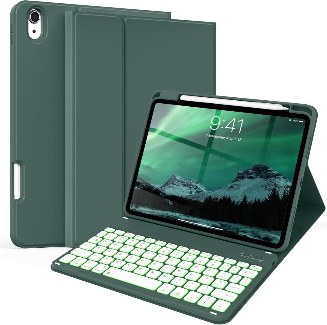 kenke for iPad 11/10th Gen Case with Keyboard 11/10.9 inch 2025 A16/2022, Detachable Wireless Bluetooth Keyboard Case with Right Side Pencil Holder, Backlit White Square Keycaps (Dark Green