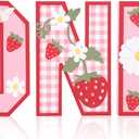 Wood one 1st Strawberry Birthday Sign,Froral Daisy Birthday Decorations Photo Props,Berry Themed Standing Daisy Decor