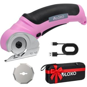 VLOXO Cordless Electric Scissors, Cardboard Cutter with Safety Lock 4.2V Electric Mini Cutter Power Rotary Scissors for Leather Felt Rug Box with Storage Box Pink
