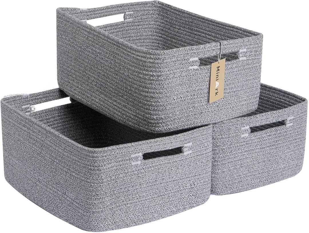 Large Storage Baskets for Shelves, Closet Organizers Bins for Clothes Blanket Towels, Baby Nursery, Toy Baskets Box, Woven Rope Baskets, 17 x 13 x 7.5, 3 Packs Mixed Grey