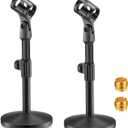 Hoteam 2 Pcs Desktop Microphone Stand Adjustable Table Mic Stand Mic Clip Mic Stand Desk with 5/8" Male to 3/8" Female Screw Metal Round Base for Table Desk Interviews, Black