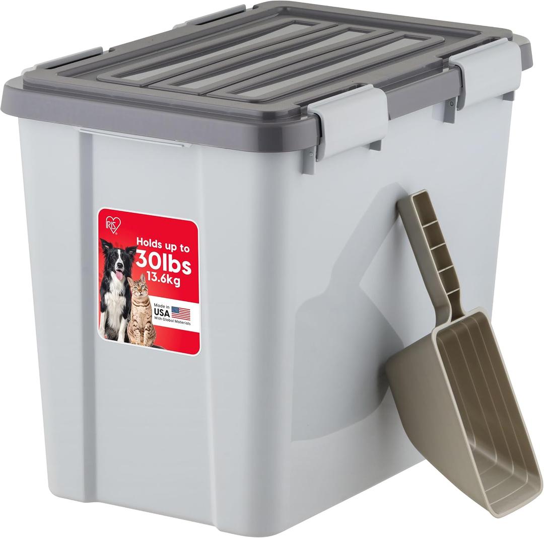 IRIS USA Stackable Dog Food Storage Container with 2 Cup Scoop, 4 Secure Latches, Fits up to 30 lbs, Pet Dry Food Bin, Gasket Seal Lid, BPA Free, Stackable, Easy Measure, Gray/Dark Gray