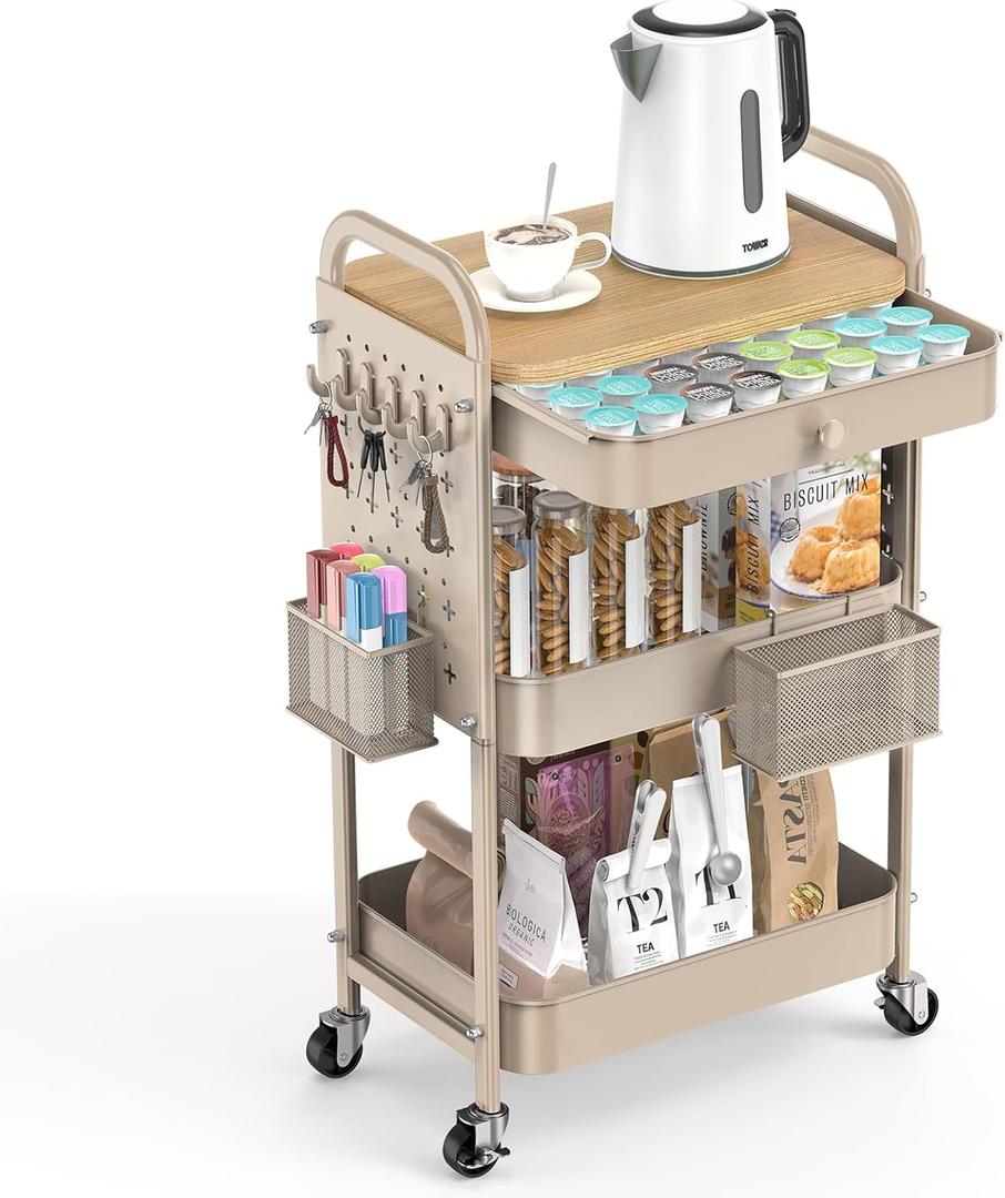 ALVOROG Rolling Cart with Drawer and Wood Table Top, 3 Tier Metal Rolling Utility Cart on Wheels with DIY Pegboards, Hanging Baskets, Hooks for Kitchen, Bedroom, Office, Craft Supplies (Khaki)