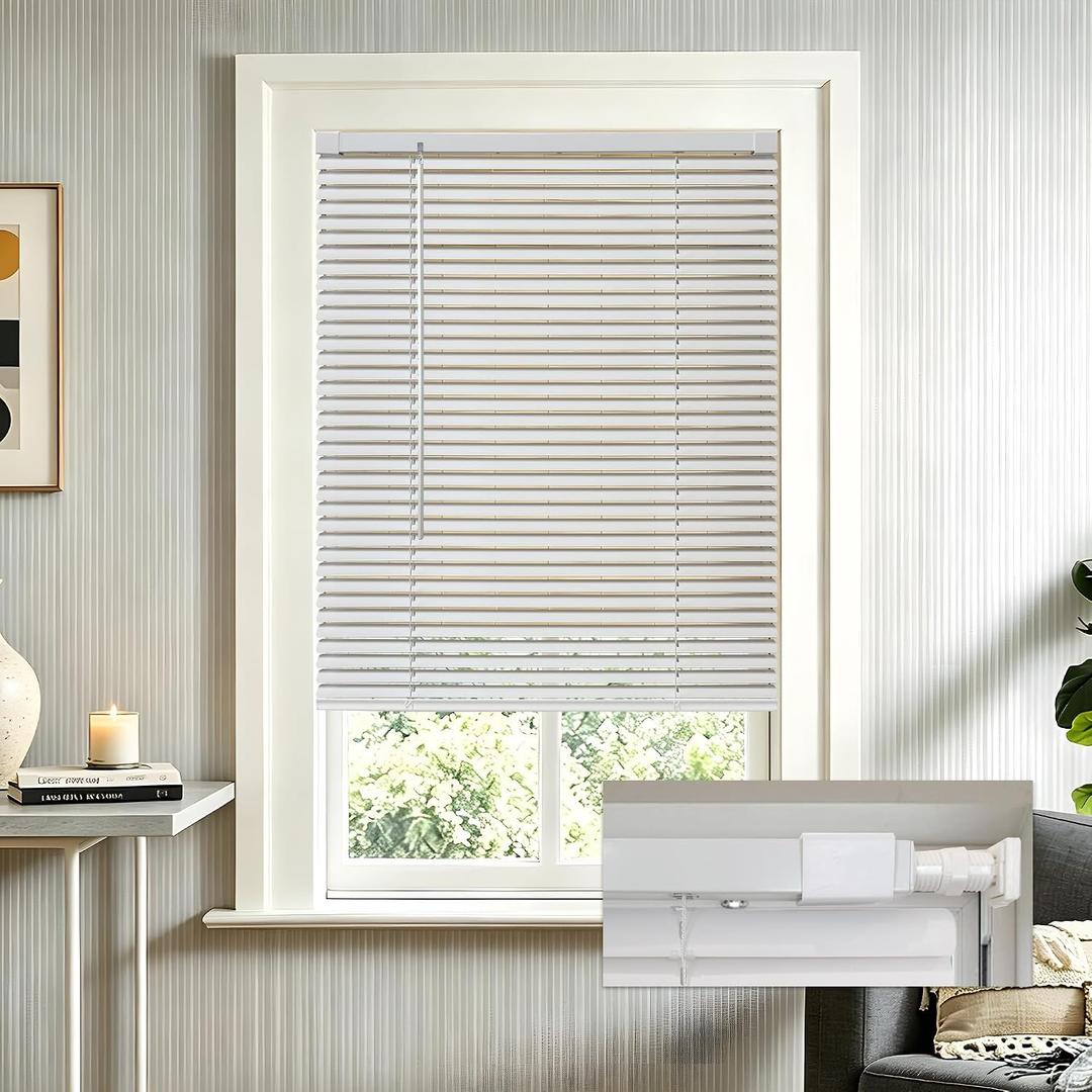 No Tools No Drill 1" Cordless Mini Blinds, Horizontal Light Filtering Blind, Vinyl Blinds for Indoor Windows 34.5" W x 64" H, White.