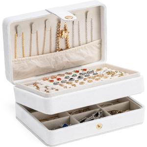 MODENGKONGJIAN Jewelry Organizer Box, 2-Layer Large Jewelry Storage Case, Portable Travel Jewelrys Display Holder for Earrings, Necklaces, Bracelets (White,Velvet)