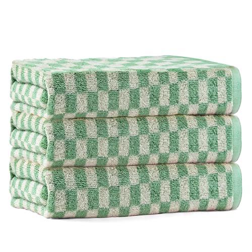 CinGiiCo Checkered Bath Towels Set of 3, 100% Cotton Bath Towels Large, 600GSM, 55 * 28 in, Luxury Shower Towels for Bathroom, Soft Absorbent Quick-Dry（Green）