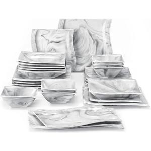 MALACASA 26-Piece Marble Grey Square Dinnerware Sets, Flora Porcelain Dinner Set for 6, Service for 6, Microwave & Dishwasher Safe, BPA, Lead & Cadmium Free