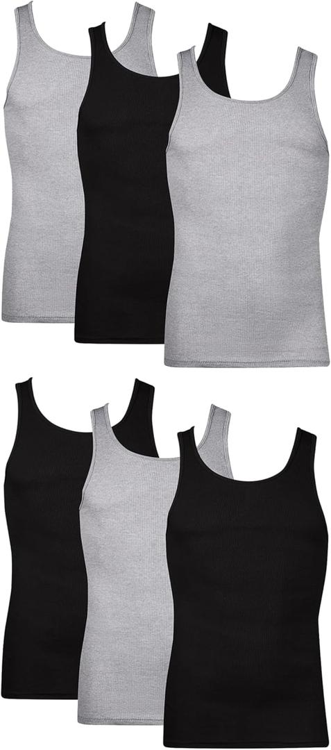 Hanes Men's Moisture-Wicking Ribbed, Lightweight Cotton Tank Undershirts, 6-Pack, Black/Grey Assorted 6-pack, 3X-Large