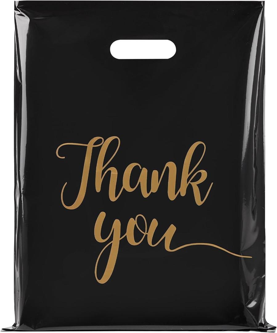 Ohuimrt 100 PCS Thank You Bags for Small Business, 12x15 Extra Thick 2.36 Mil Black Plastic Merchandise Shopping Bags with Handles for Retail, Boutique, Stores, Gifts