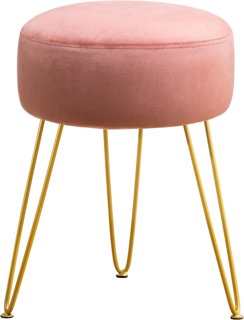 LUE BONA Vanity Stool, Pink Vanity Stools for Makeup Room, Round Ottoman Foot Stool, Velvet Footrest Vanity Chair for Bathroom Vanity, Bedroom, Living Room, Entryway, Offices, Pink