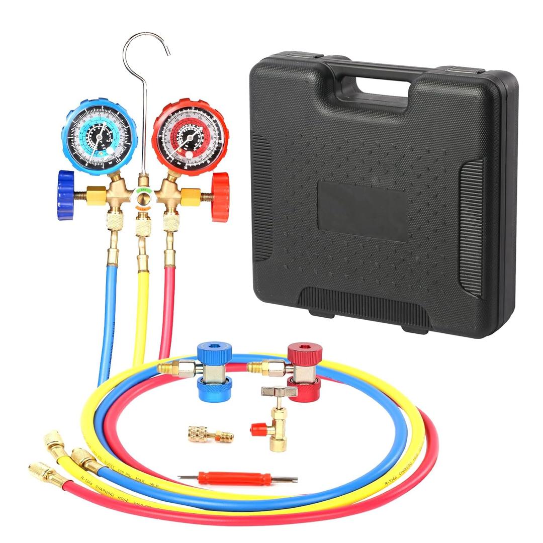PB Motor Tech 3-Way AC Manifold Gauge Set for R134A, R12, R22 & R502 Refrigerants. with Quick Couplers, 410 Adapter, Can Tap & Valve Core Tool. for AC Maintenance. Includes Plastic Storage Case