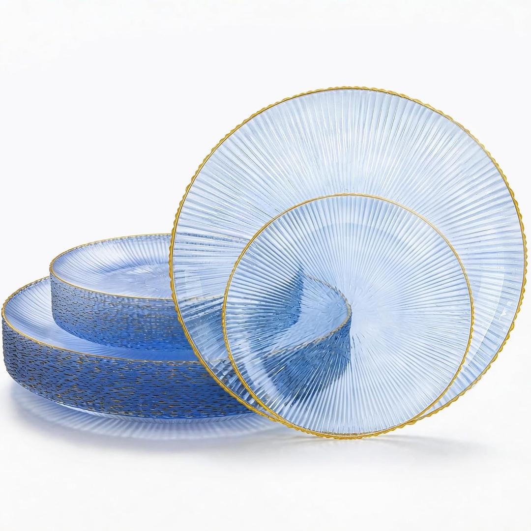 DaYammi 60Pcs Blue Plastic Plates with Gold Rimmed - Disposable Blue Plates Set Includes 30 Dinner Plate & 30 Salad Plates, Radial Texture plates Perfect for Party Wedding Dinner & Catering Events