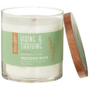 Essential Elements by Candle-Lite Company Wood Wick Scented Candle, Vibing & Thriving, One 16 oz. Single-Wick Aromatherapy Candle with 50 Hours of Burn Time, White