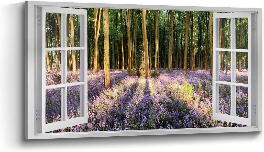 the stream design Forest Canvas Wall Art Decor: Window View Picture Tree Scenery Painting Nature Landscape Print Relaxing Sunset Purple Lavender Flower Photography Living Room Bedroom Home Artwork