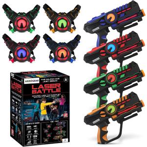 ArmoGear Set of 4 Laser Tag Guns with Vests - Laser Tag Set for Kids and Adults - Toy Guns with 150 ft Range, Night Vision, Invisibility Mode - Battery Operated - Multiplayer Outdoor Game for Ages 8+