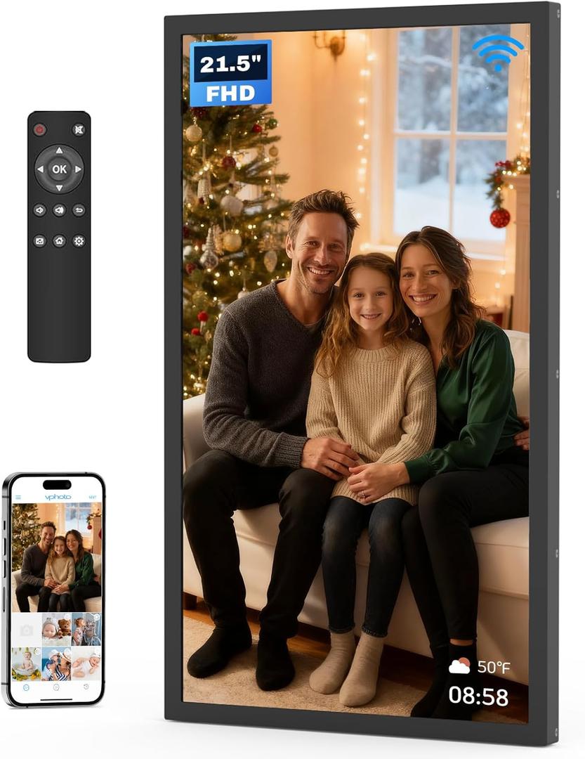 21.5 Inch Digital Picture Frame 32GB, Large Digital Photo Frame 1920x1080 FHD IPS, WiFi Electronic Photo Frame with Remote Control, Wall-Mountable, Share Photo/Video via Apps, Email, Black