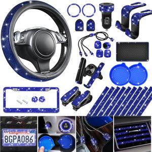 CAR PASS 30 PCS Bling Car Accessories Set for Women, Bling Steering Wheel Covers 15 Inch, Shining Rhinestone License Plate Frame, Sparkly Diamond Phone Holder, Cute Interior Set Decorations, Blue