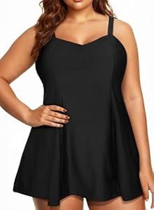 Aleumdr Women's Plus Size One Piece Swimsuit Tummy Control One Piece Bathing Suit with Skirt Vintage Swimdress with Pockets (XX-Large, Color Black-brown)