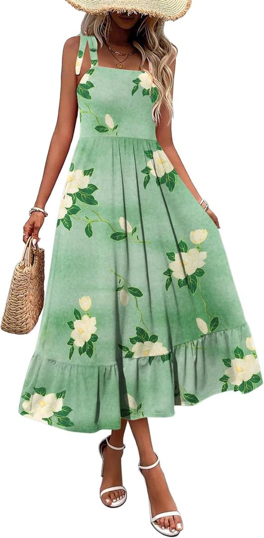 Zeagoo Women Summer Maxi Dress with Pockets 2025 Spaghetti Strap Sundress Casual Flowy Boho Dress Floral Tiered Beach Dress (Large)