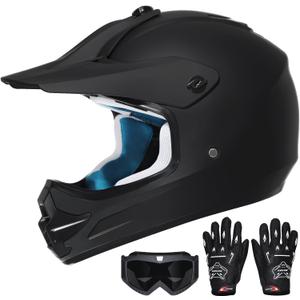 Youth Dirt Bike Helmet DOT Certified - Full Face Motorcycle Helmet for Off-Road, ATV, Street Riding, Includes Adjustable Goggles & Protective Gloves (Small, BLACK)