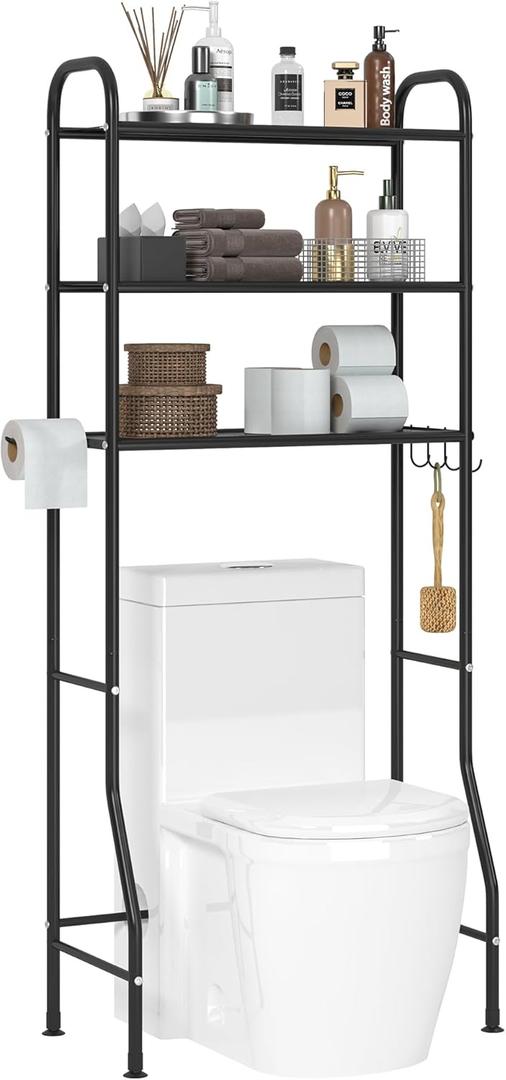 JSB 3-Tier Metal Bathroom Storage Rack Over The Toilet, Multifunctional Organizer with Toilet Paper Rack (Black, 3 Tier)