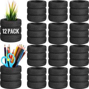 12 Pcs Tire Shaped Pen Holder Car Tire Pencil Holder Black Stack Stationery Accessories for Desk Kids School Office Decor Christmas Gift Supplies Novelty Funny Cactus Succulent Planter Pot