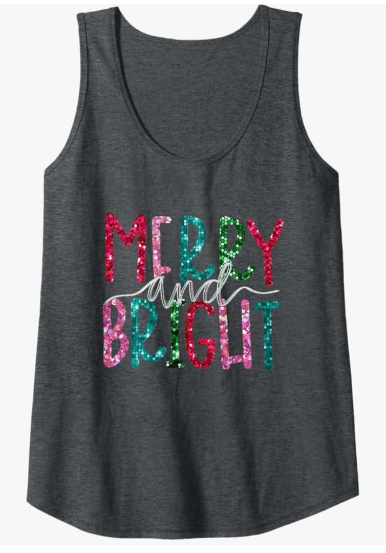Merry and Bright Bling Christmas Women Girls Cute Tank Top, S, Gray