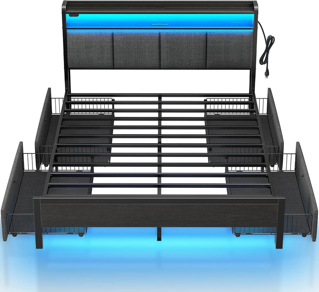 Rolanstar Bed Frame Full Size with Charging Station and LED Lights, Upholstered Storage Headboard with Drawers, Heavy Duty Metal Slats, No Box Spring Needed, Noise Free, Easy Assembly, Dark Grey