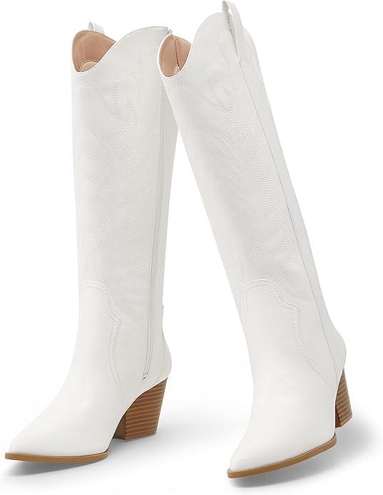 Arromic Cowboy Boots for Women Comfortable Womens Embroidered Western Cowgirl Knee High Boots Pointed Toe Zipper Chunky Heel Country Outfit Retro Tall Boots 10