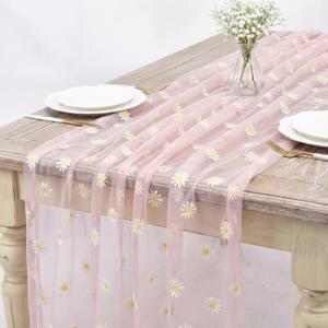 Breling 3 Pack 10ft Daisy Tulle Table Runner 120 Inch Seasonal Flower Sheer Gauze Daisy Table Runner Kitchen Dining Holiday Wedding Birthday Baby Shower Home Party Decor(Pink)