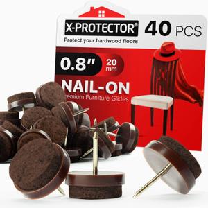Nail-on Felt Pads X-PROTECTOR 40 PCS - 0.8" Felt Furniture Pads - Brown Chair Leg Floor Protectors - Nail in Furniture Pads for Furniture Legs - The Best Felt Chair Pads for Hardwood Floors (20mm Brown)