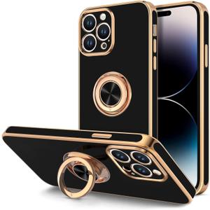 Hython for iPhone 14 Pro Case with Ring Stand [360 Rotatable Ring Holder Magnetic Kickstand] [Support Car Mount] Plated Gold Edge Soft TPU Luxury Shockproof Protective Phone Case Cover, Black