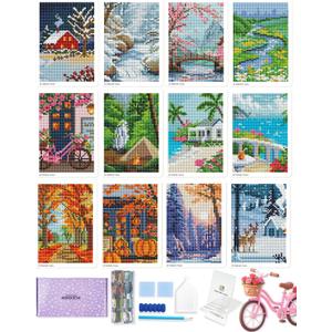 Foreveryoung Minigem Small Diamond Art Kits for Beginners, 12Pcs Square Drill Diamond Painting Kits for Adults 3-Hour Painting, Postcard-Style Mini Diamond Art Kits for Adults 5x7 Inch (Twelve Months)