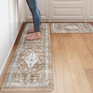 Collive Farmhouse Anti Fatigue Kitchen Mat, Cushioned Kitchen Rug Sets of 2 Waterproof Non Slip Kitchen Floor Mats Ergonomic Comfort Standing Mat for Laundry, Office, Sink, Desk, Cream/Brown (17.3"x59"+17.3"x30"--0.47 inches)