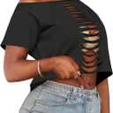 LovelyWholesale Womens Off The Shoulder Crop Tops Sexy Cut Out Ripped Short Sleeve T Shirts Black Small (Black, S)