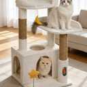 32In Cute Cat Tower for Indoor Cats with Cat Condo, Plush Platform, Hammock, Sisal Scratching Posts, Dangling Ball, Tall Cat Tree Tower with Self-Grooming Brush (Beige)