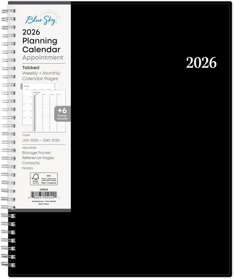 Blue Sky 2026 Weekly and Monthly Appointment Planner Calendar, January 2026 - December 2026, 8.5" x 11", With 15-Minute Blocks, Flexible Cover, Wirebound, Laminated Tabs, Storage Pocket, Enterprise