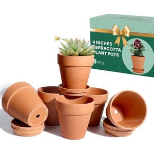 vensovo 4 Inch Terracotta Plant Pots with Saucer - 6 Pack Clay Flower Pots with Drainage, Great for Plants, Crafts, Wedding Favor (Brown)