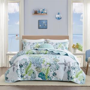 Tritard 3 Piece Coastal Beach Quilt Set Full/Queen Size Ocean Beach Themed Bedding Set Microfiber Lightweight Bedspread Coverlet with 2 Shams Starfish Coral Bed Covers for All Season, 90''x96''
