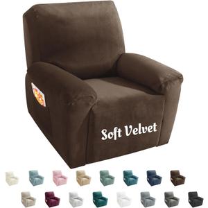 MAXIJIN Velvet 4 Piece Recliner Cover Stretch Plush Soft Recliner Chair Covers Thick Soft Reclining Chair Slipcovers Furniture Protector with Side Pocket for Kids, Pets (Recliner,Dark Coffee)
