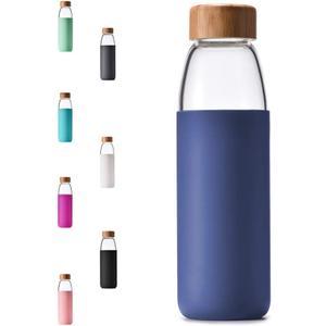 veegoal 25 Oz Borosilicate Glass Water Bottles with Bamboo Lid, BPA-FREE, Non-Slip Silicone Sleeve, and Stainless Steel Leak Proof Lid - Reusable Glass Bottle for Men and Women (Sapphire Blue)